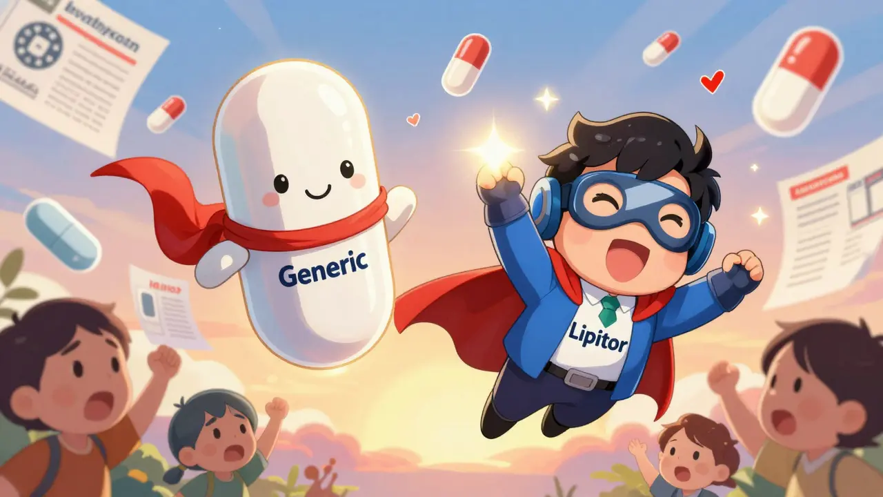 Superhero generic pill flying beside brand-name pill, both soaring past medical charts and FDA seals.