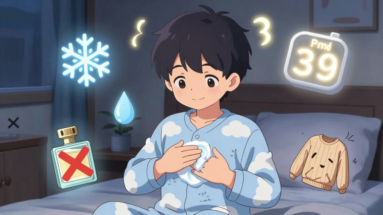 Teen applying ceramide cream at night with floating trigger icons around them