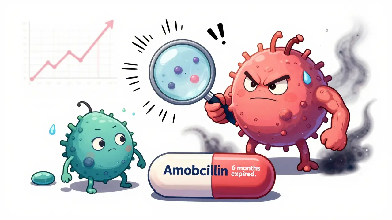 Tiny bacteria one collapsing and one growing strong on an expired pill tablet