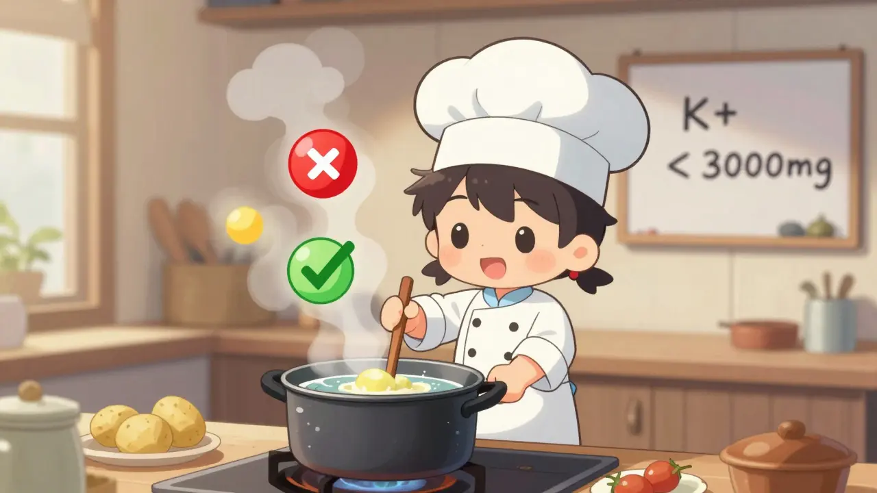 Tiny chef boiling potatoes to reduce potassium, with nutrient icons floating nearby