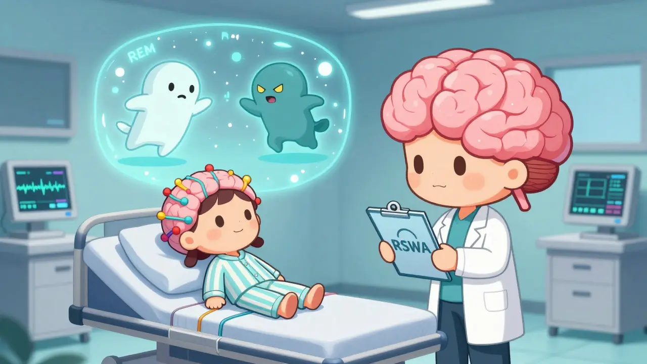 Tiny patient in sleep lab with wires and floating brain diagram labeled RSWA.