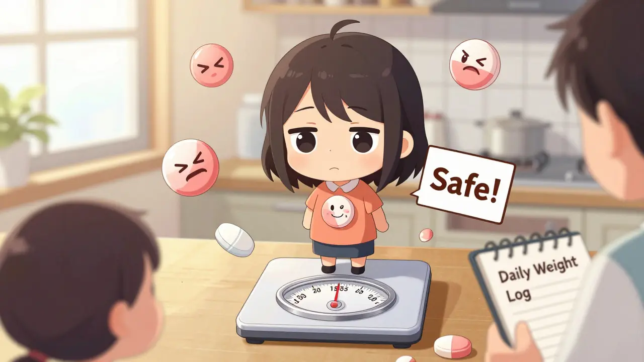 Tiny patient on scale gaining weight rapidly, NSAID pills glowing red, acetaminophen smiling nearby.