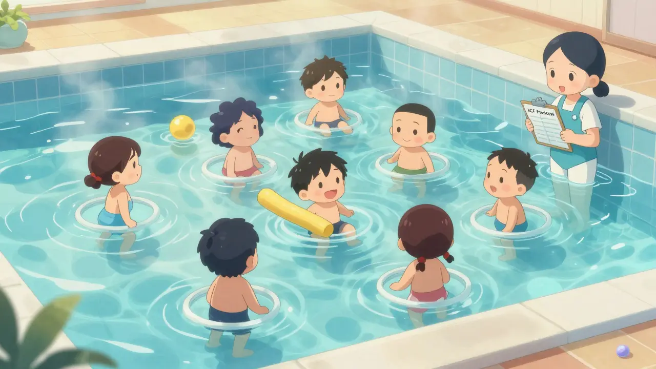 Tiny patients floating in warm pool, doing hip circles with foam noodle, steam rising gently.