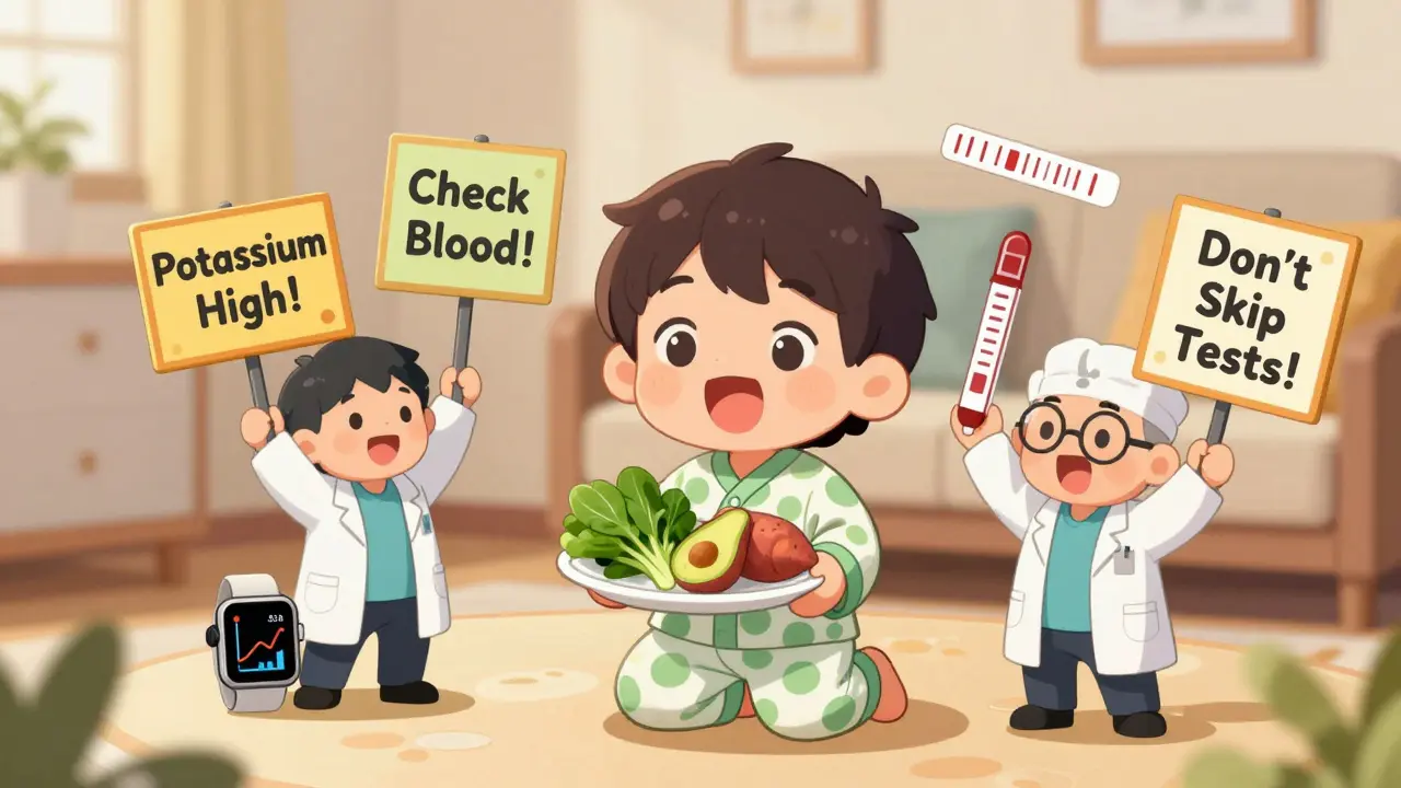 Tiny person with high-potassium foods and worried doctors holding warning signs.
