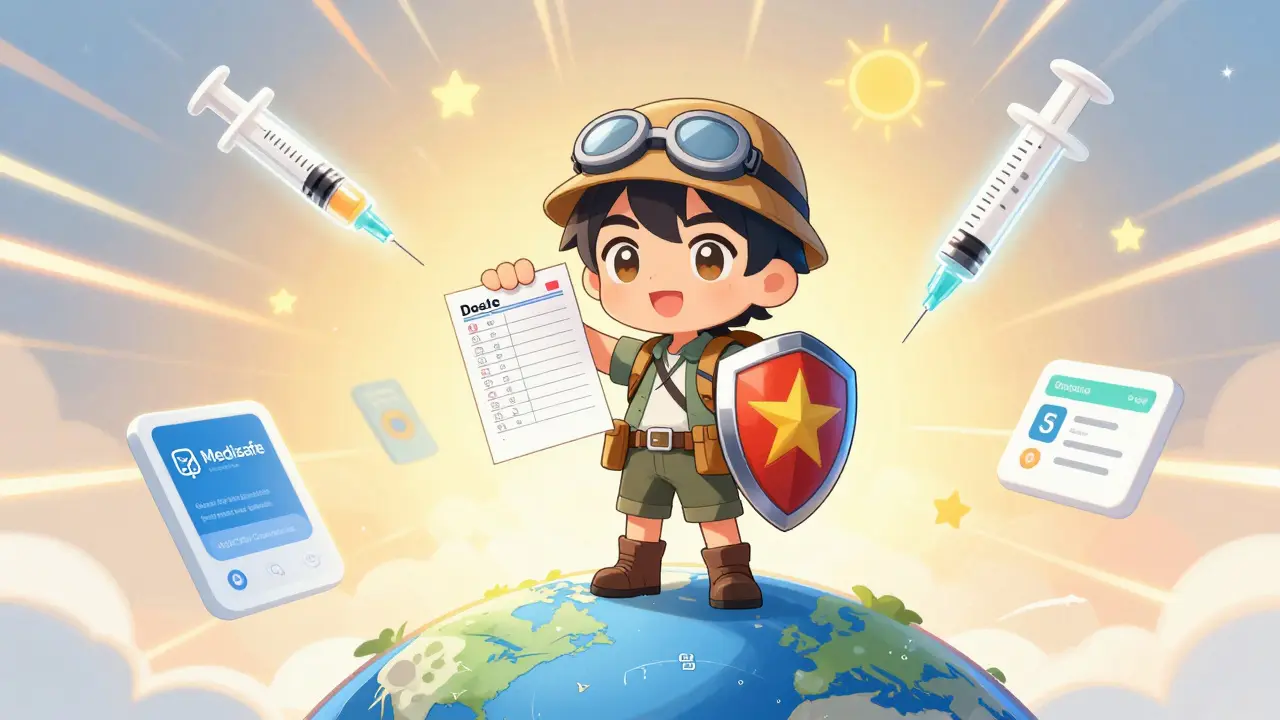 Traveler holding dosing schedule like a shield, standing on a globe with medical apps around.
