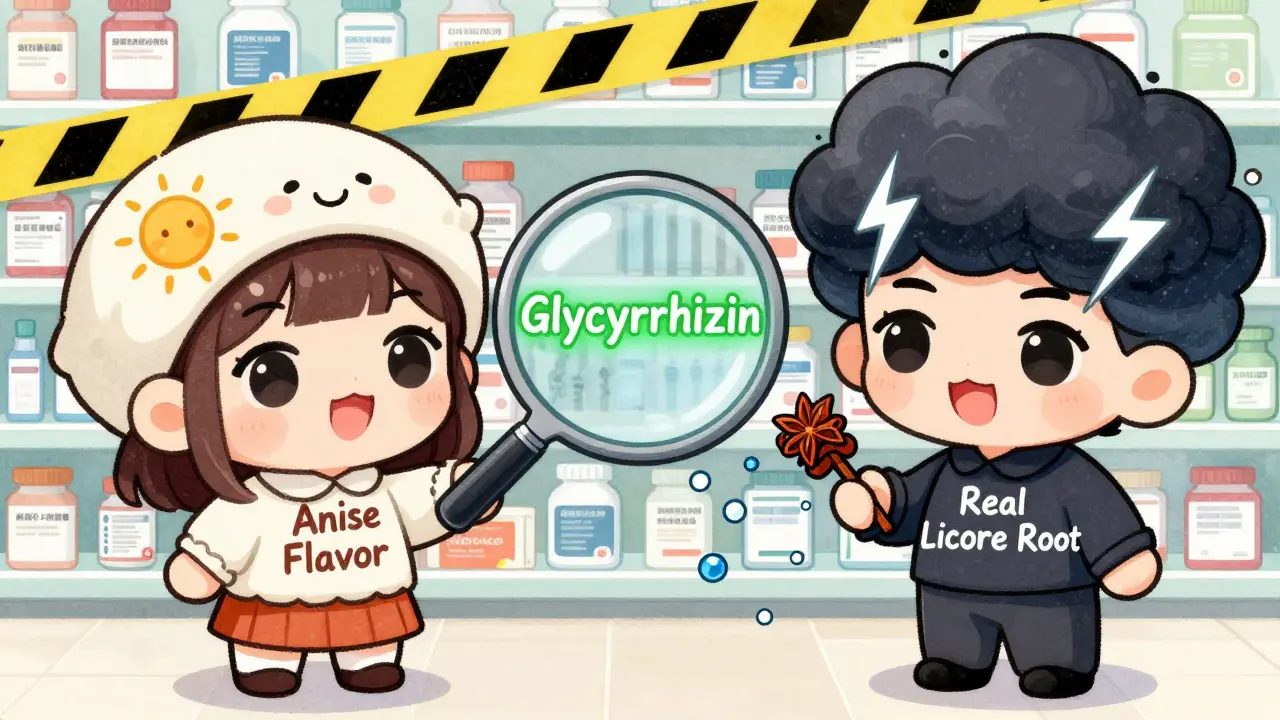 Two chibi figures comparing safe anise candy vs dangerous real licorice with glowing ingredients.