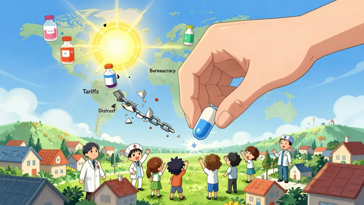 A giant hand drops a generic pill into a village as chains of bureaucracy break apart in confetti.