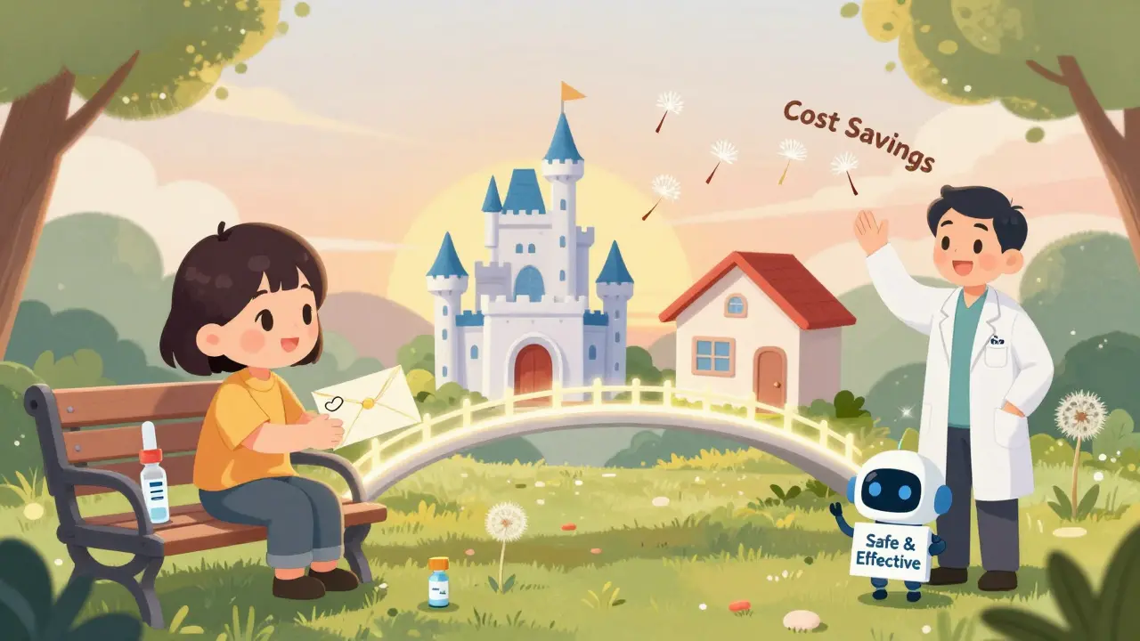 A patient receives a letter that becomes a bridge from a brand-name drug castle to an affordable generic house.