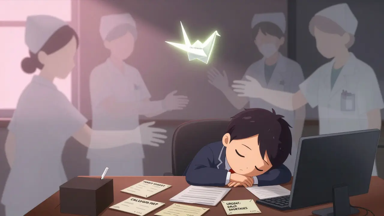 A sleeping senator surrounded by ghostly patients reaching out, with a floating paper crane labeled 'Call Your Rep' in a dim office.