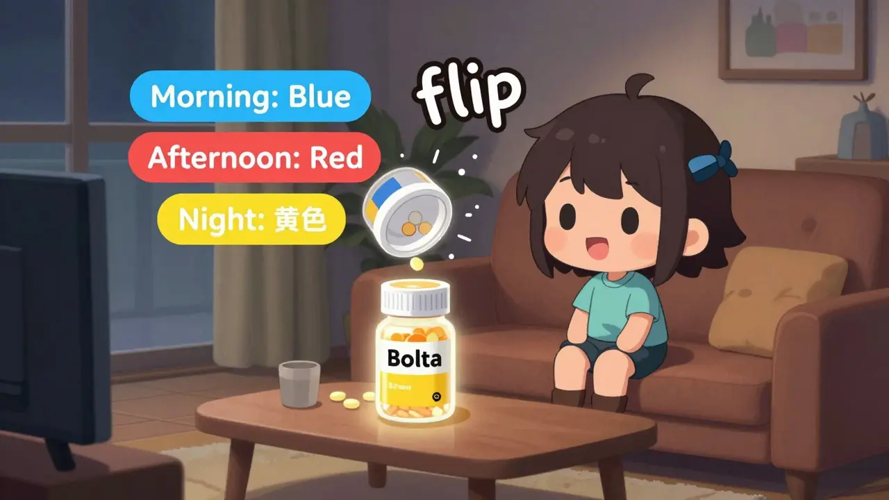 Chibi character flipping a pill bottle upside down while watching TV at night.