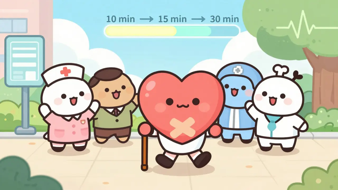 Chibi heart character walking with friends during cardiac rehab