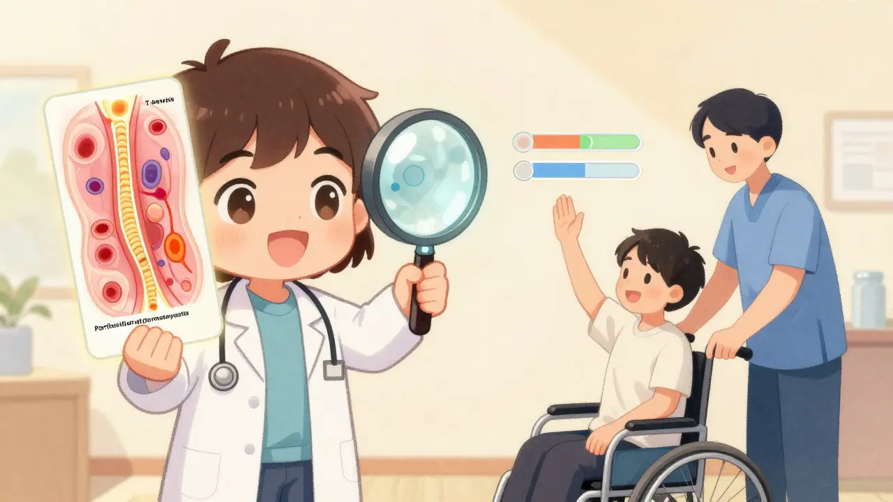 Doctor examining biopsy slide showing two types of muscle inflammation with patient and therapist in gentle rehab