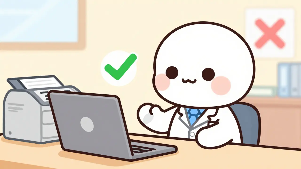 Doctor submitting prior authorization electronically with green checkmark on laptop.