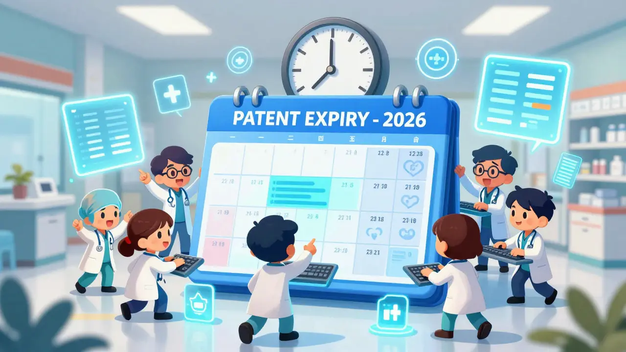 Healthcare workers scramble around a calendar marked 'Patent Expiry 2026' with glowing medical charts.