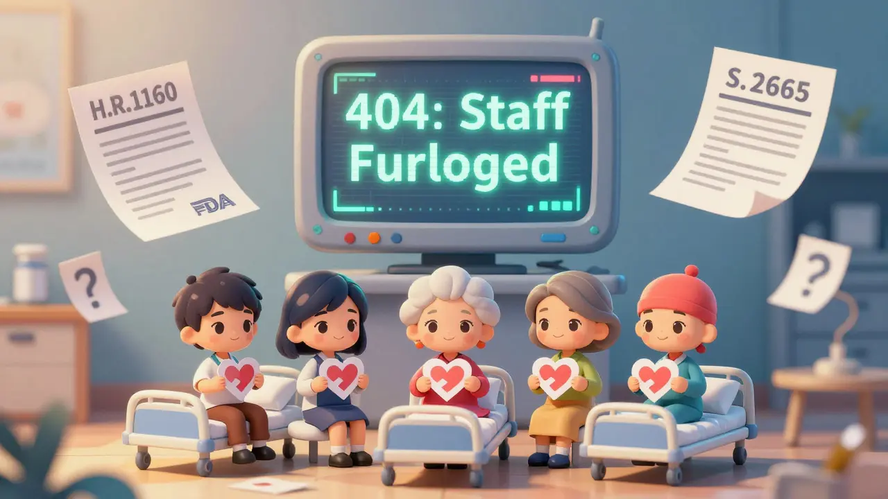 Miniature patients on a hospital bed, each with a missing heart piece, while a flickering FDA portal displays error messages and unseen bills.