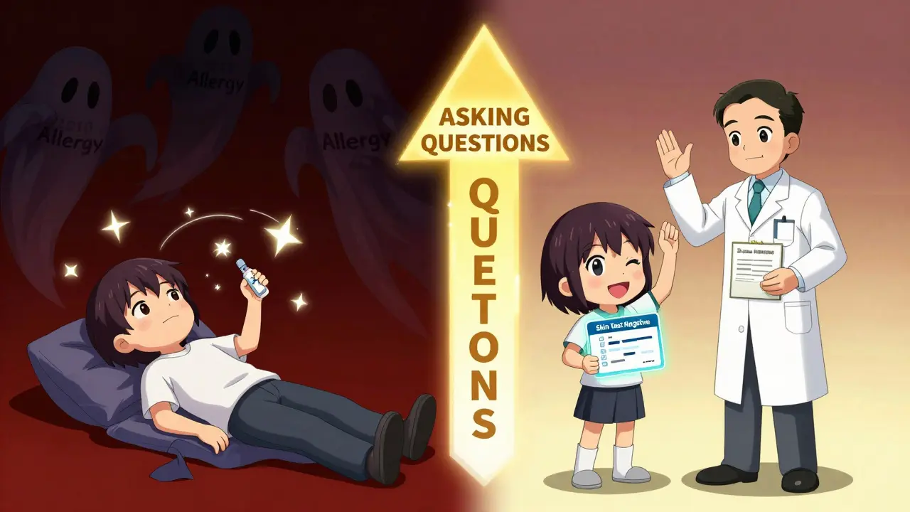 Split scene: patient collapsing from misdiagnosed allergy vs. safe pickup with pharmacist