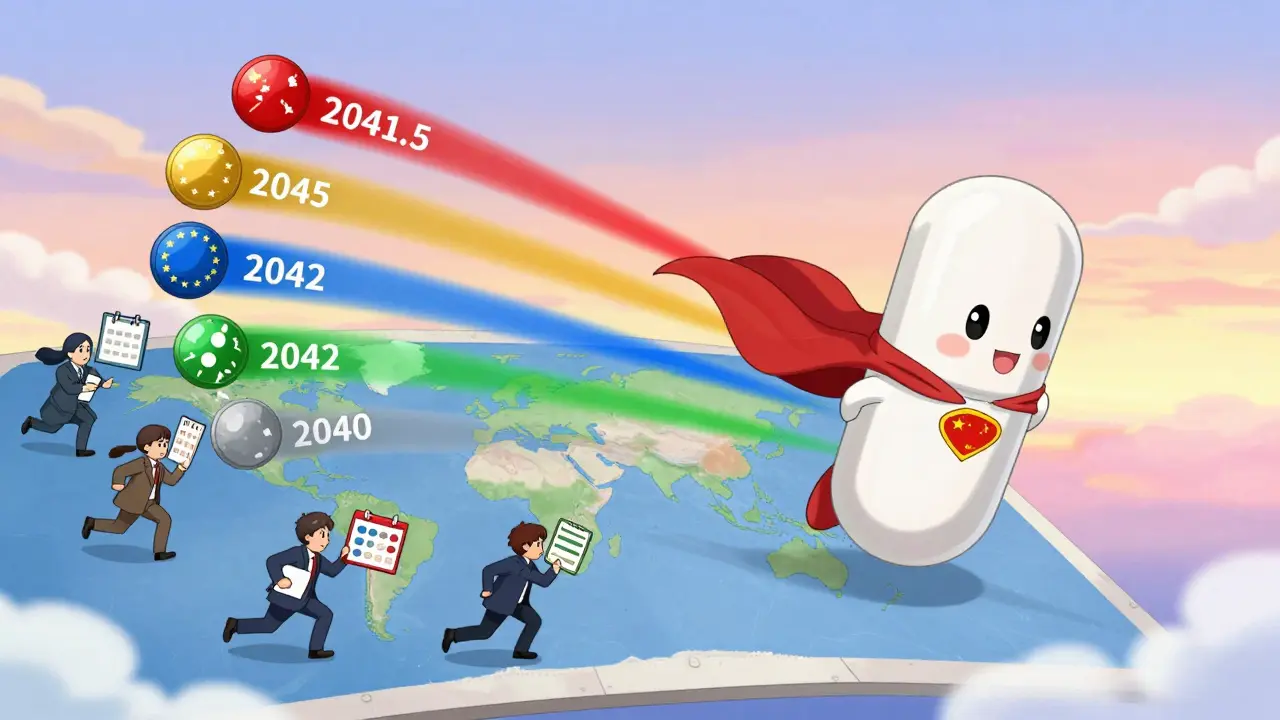 Superhero pill flying over a world map with colored trails of patent expiration dates.