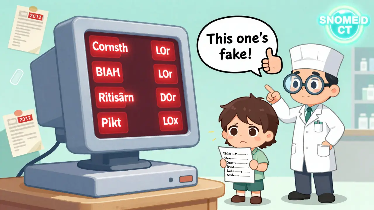 Tiny patient with medication list beside a pharmacy computer flashing false allergy alerts