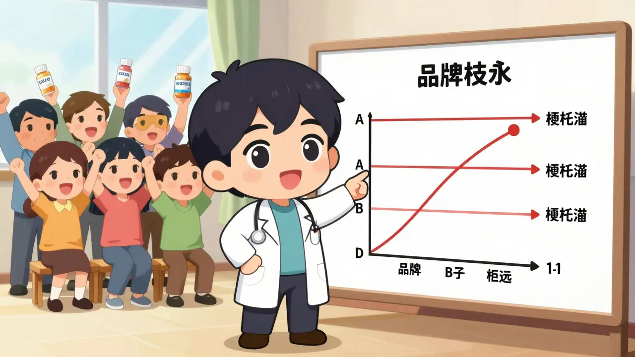 A doctor explains bioequivalence with a glowing chart while patients cheer as their medicine bottles change to generic labels.