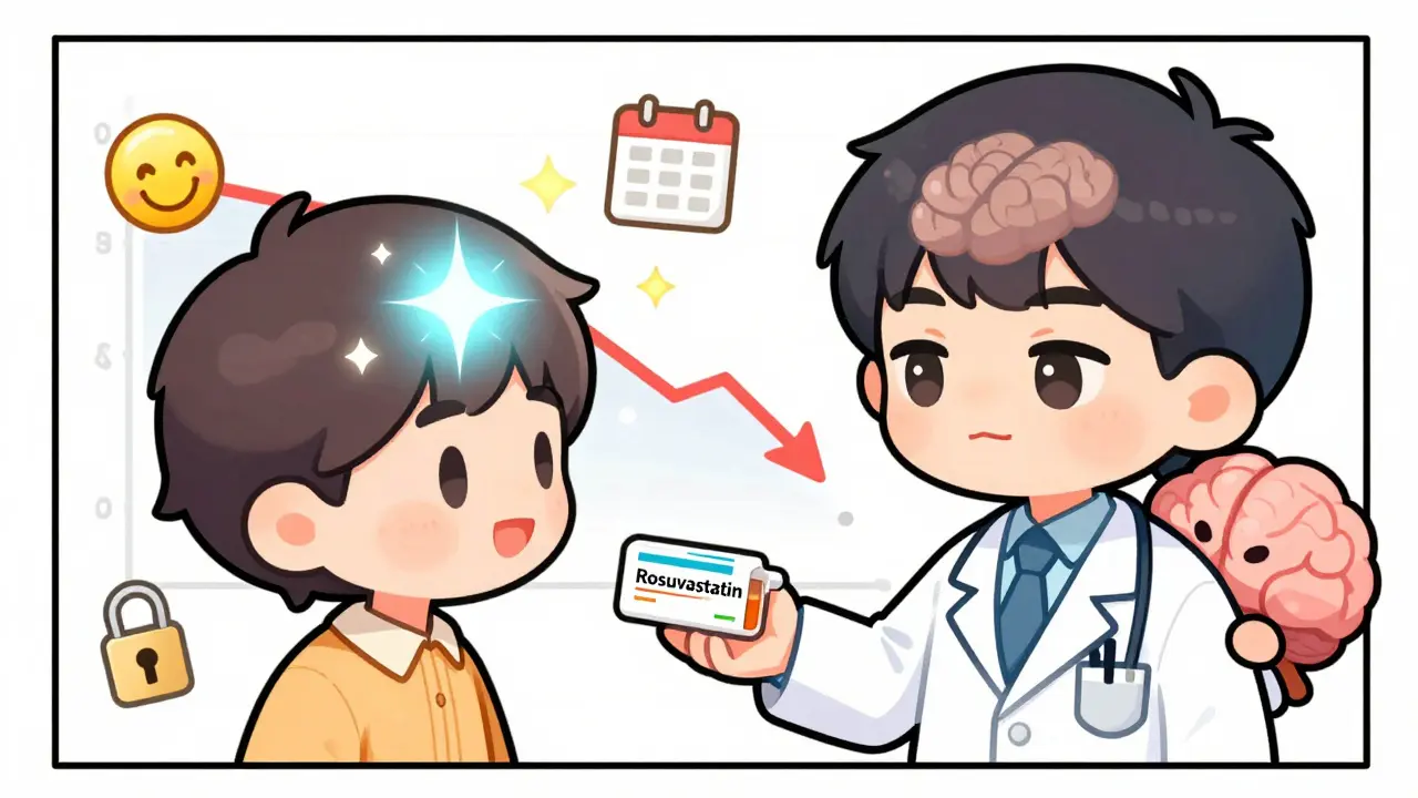 A doctor handing a patient a new statin prescription as their brain clears into a bright, happy state.