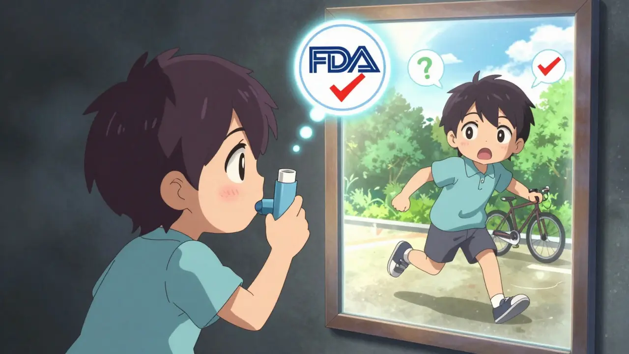A patient stares at a mirror showing two versions of themselves—one sick, one healthy—with an FDA approval badge glowing nearby.