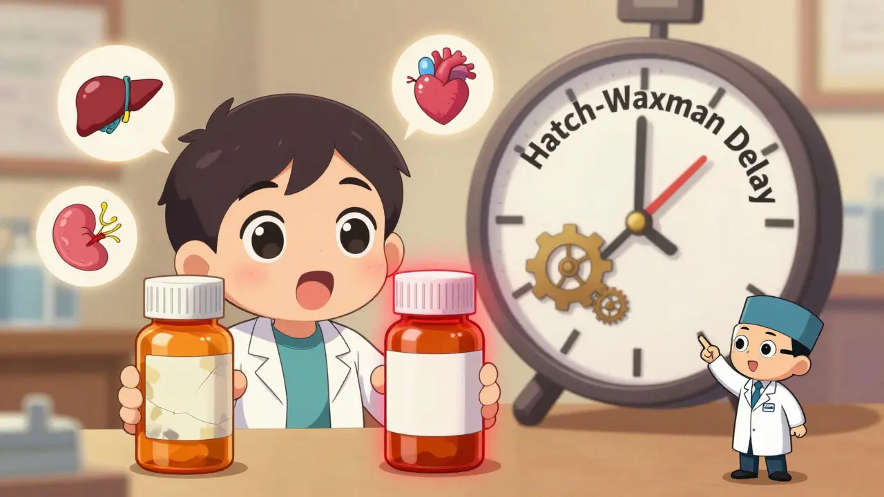 A pharmacist comparing old and new pill labels with a clock symbolizing regulatory delays in drug warning updates.