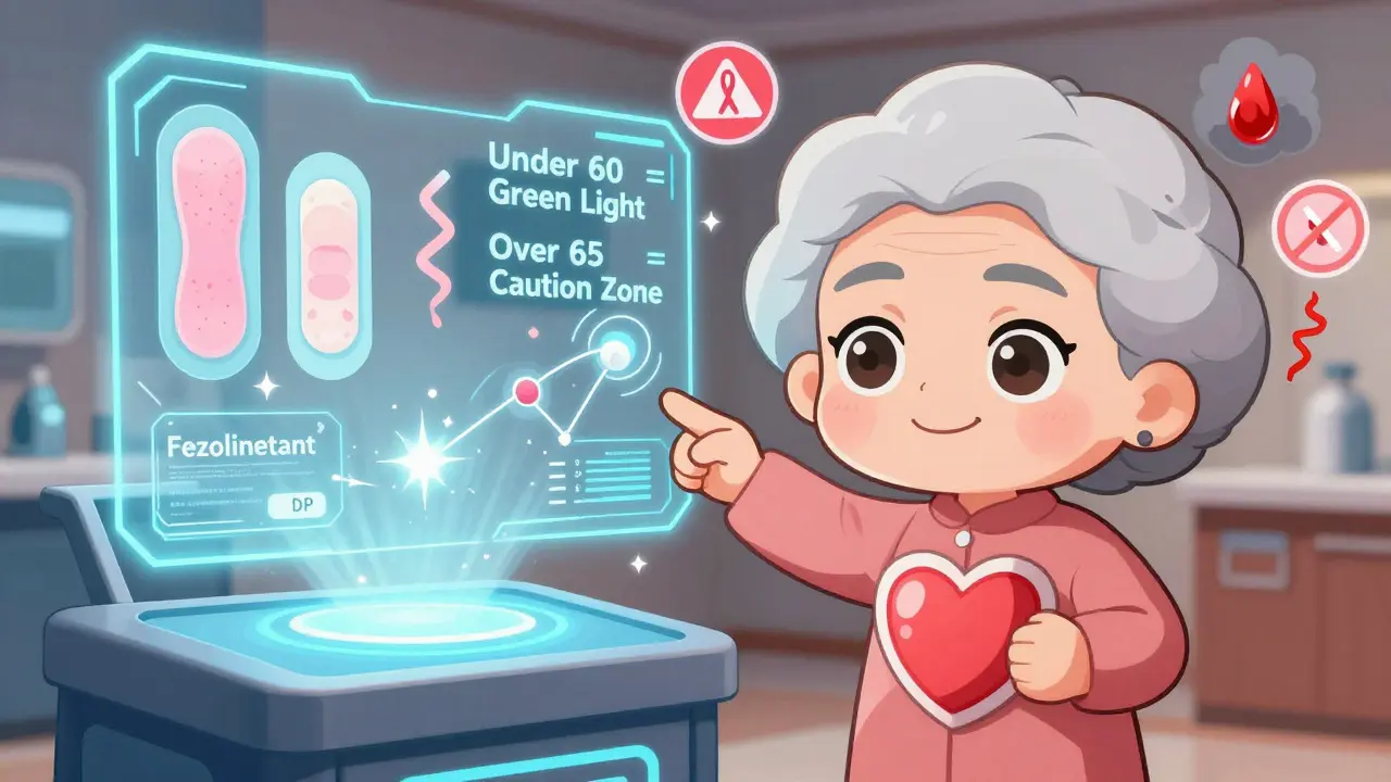 A wise woman beside a holographic timeline of HRT risks and new treatments like fezolinetant, with safety icons around her.