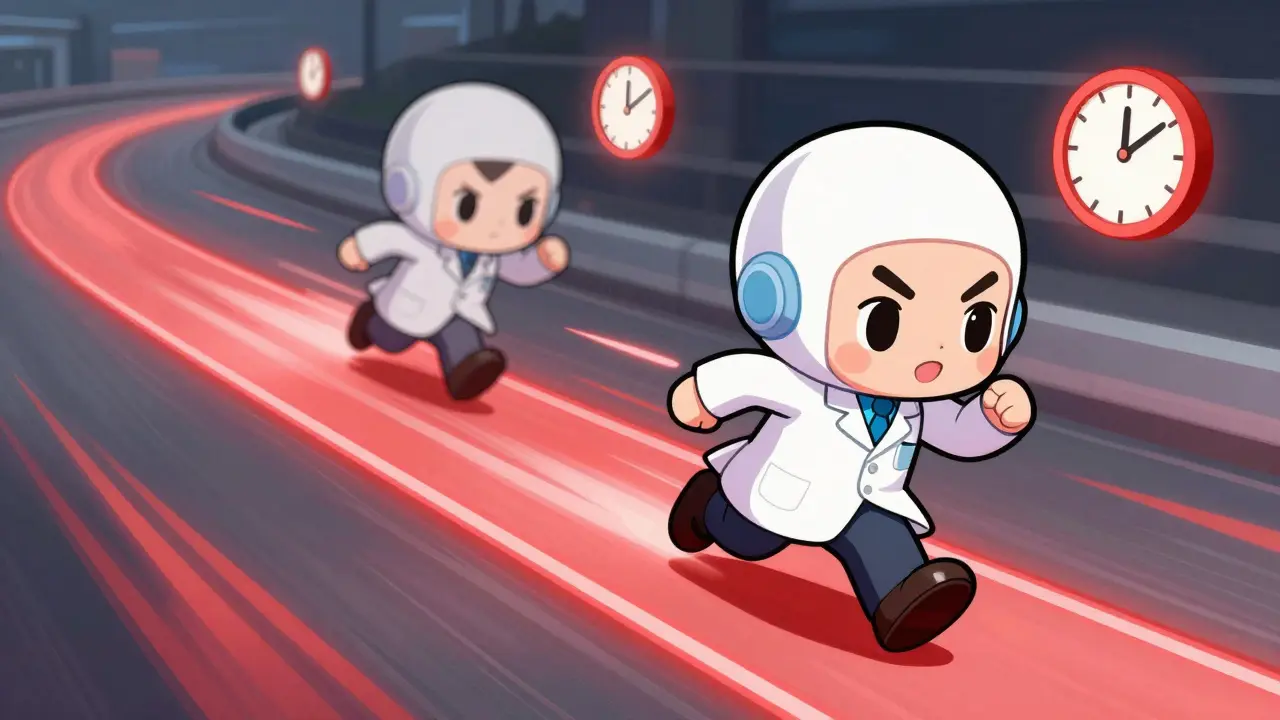 Cartoon scientists race on tracks, one moving faster with floating clock icons nearby.