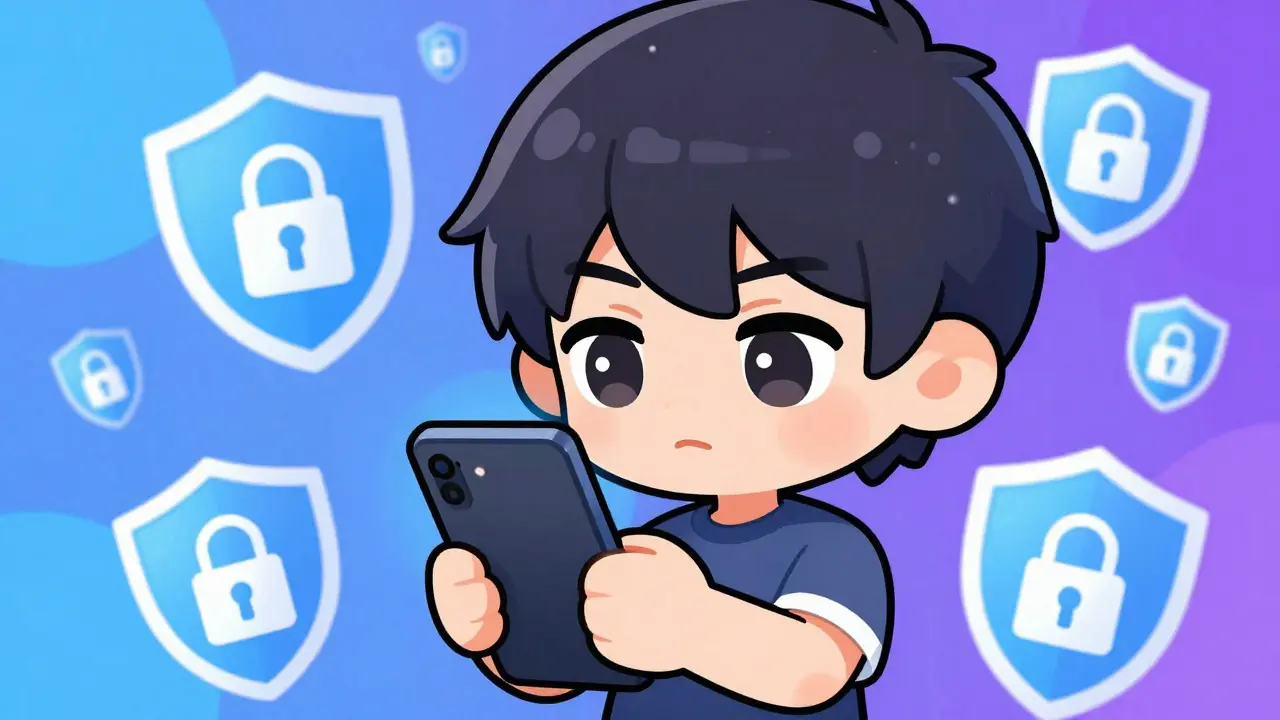 Chibi character holding a smartphone with security icons nearby.