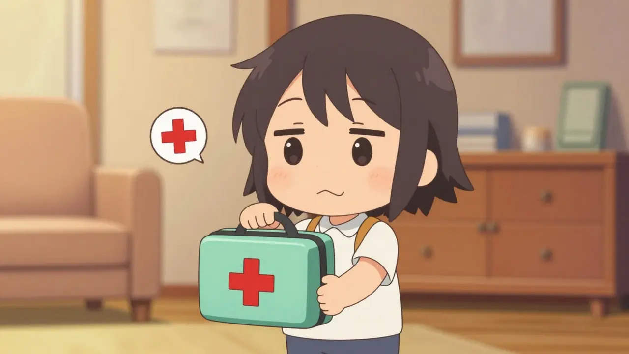 Chibi character holding an emergency bag with a relieved expression.