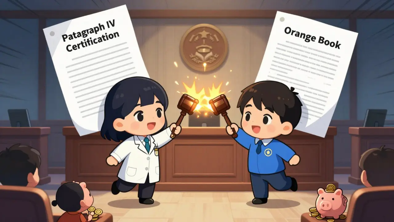 Chibi lawyers battling over a Paragraph IV certification with Orange Book documents floating above.