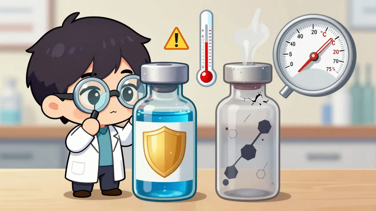 Chibi pharmacist compares an original drug bottle with a repackaged vial, showing moisture and heat damage with anime-style warning symbols.