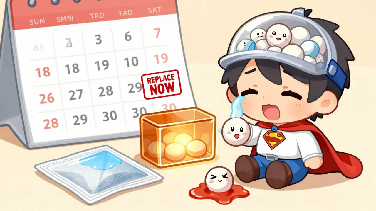 Chibi pillbox with crying pills as moisture clumps them, while a desiccant pack hero absorbs humidity under a 'Replace Now' calendar.