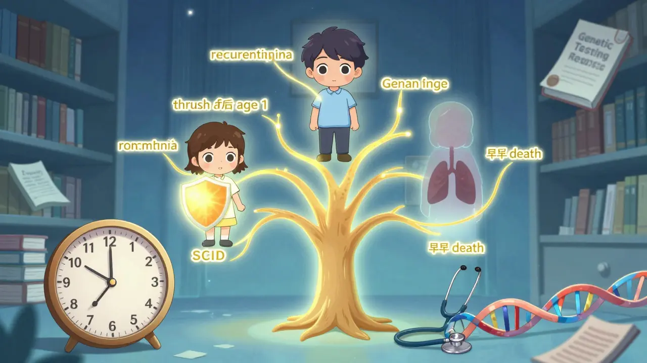 Family tree with glowing connections showing recurrent infections and reduced diagnosis time.