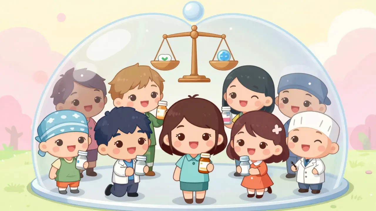 Happy chibi patients hold medicine bottles under a protective heart-shaped shield.