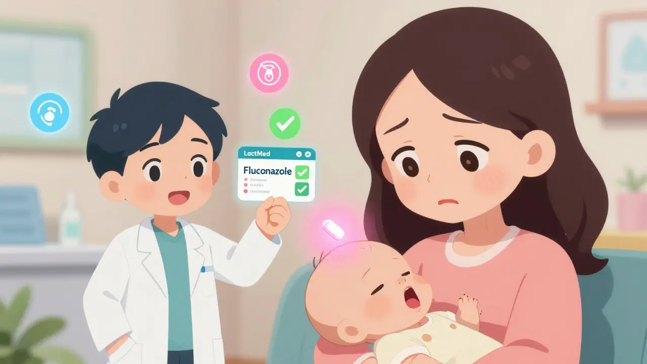 Mom and baby healed by fluconazole, with thrush patches fading under pink light.