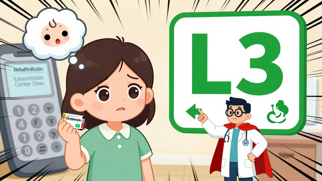 Mom holding clindamycin as baby has diarrhea cloud, but a pediatrician guides her to keep nursing.