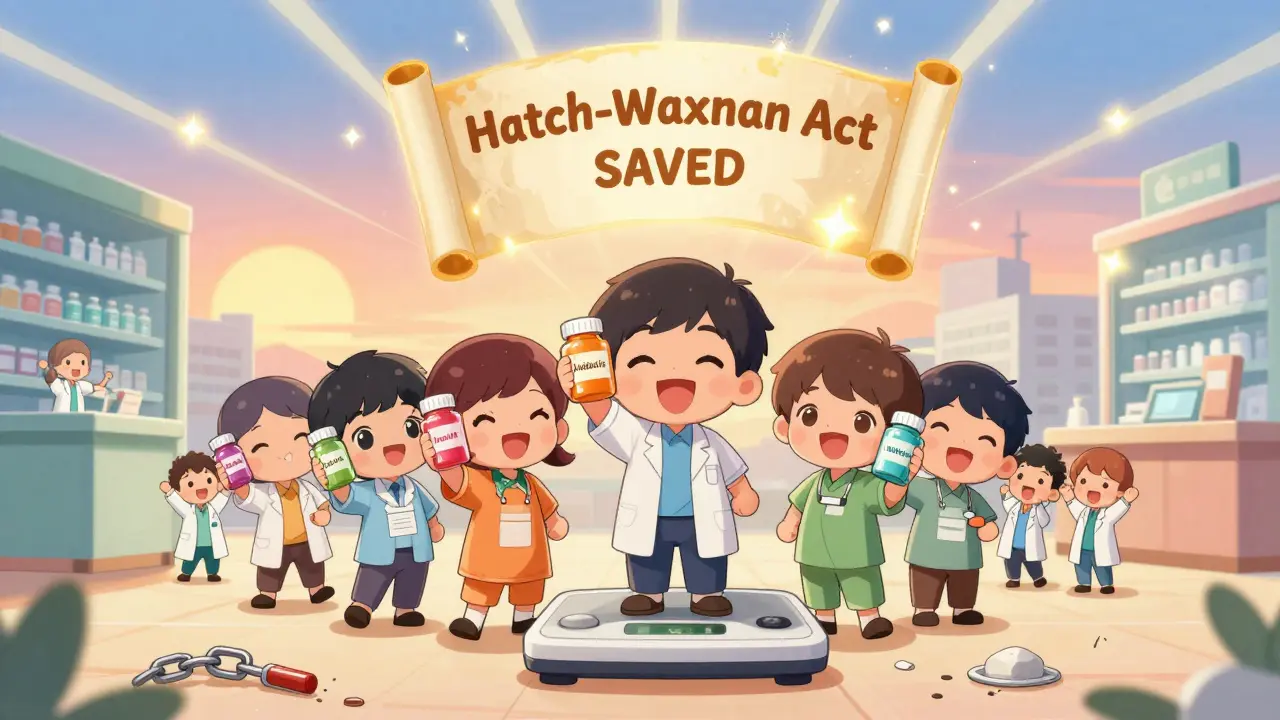 Patients holding generic pills on a scale showing 3 billion saved, under a glowing Hatch-Waxman Act scroll.