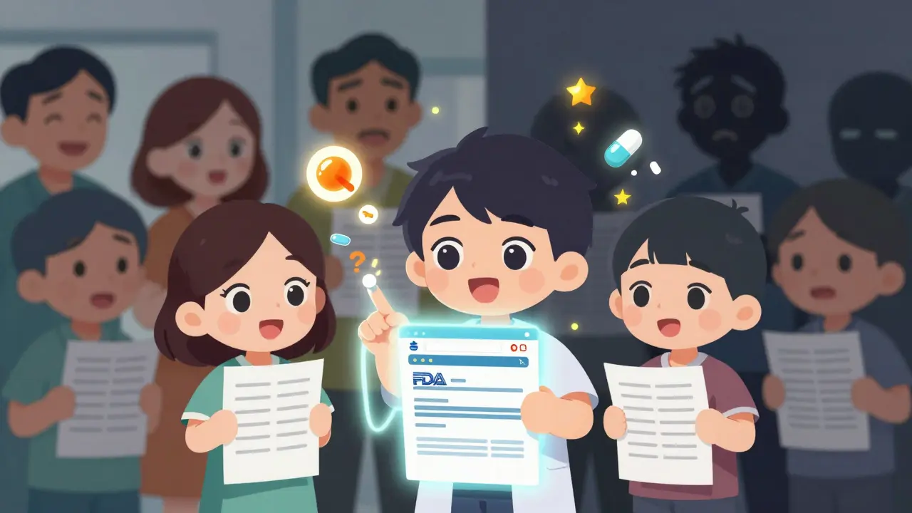 Patients reviewing medication lists under an FDA safety alert, with floating excipient symbols indicating hidden risks in generics.