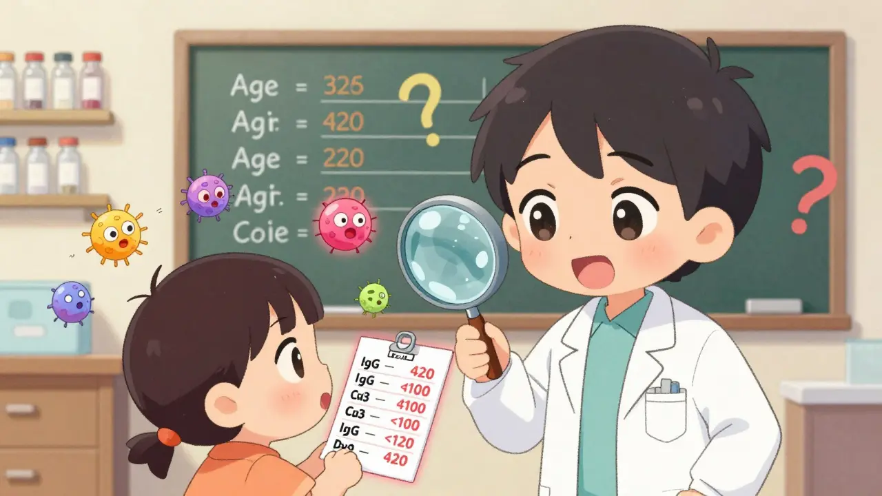 Pediatrician examining glowing blood test results with animated immune cells fleeing.