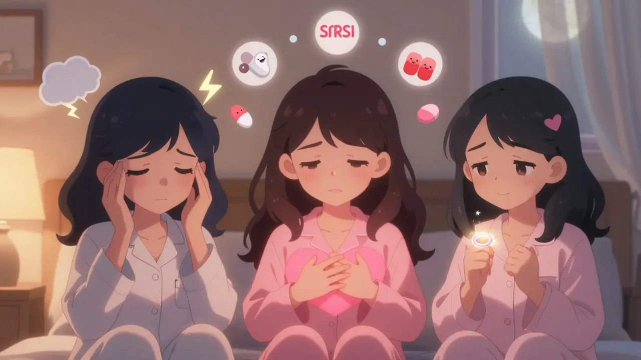 Three women in pajamas experiencing different menopause symptoms, with non-hormonal treatment icons floating above them.