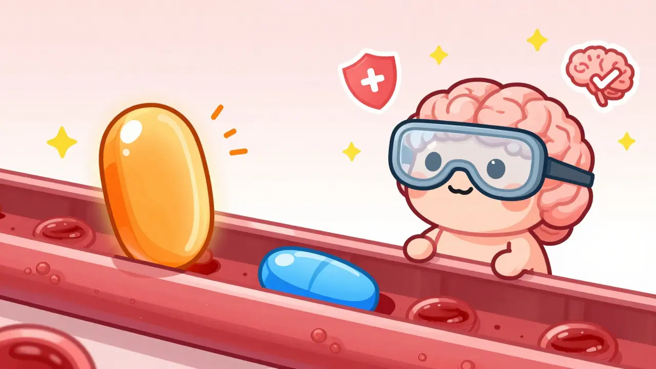 Two statin pills shown differently—one entering the brain, one staying in blood—with a calm brain watching.