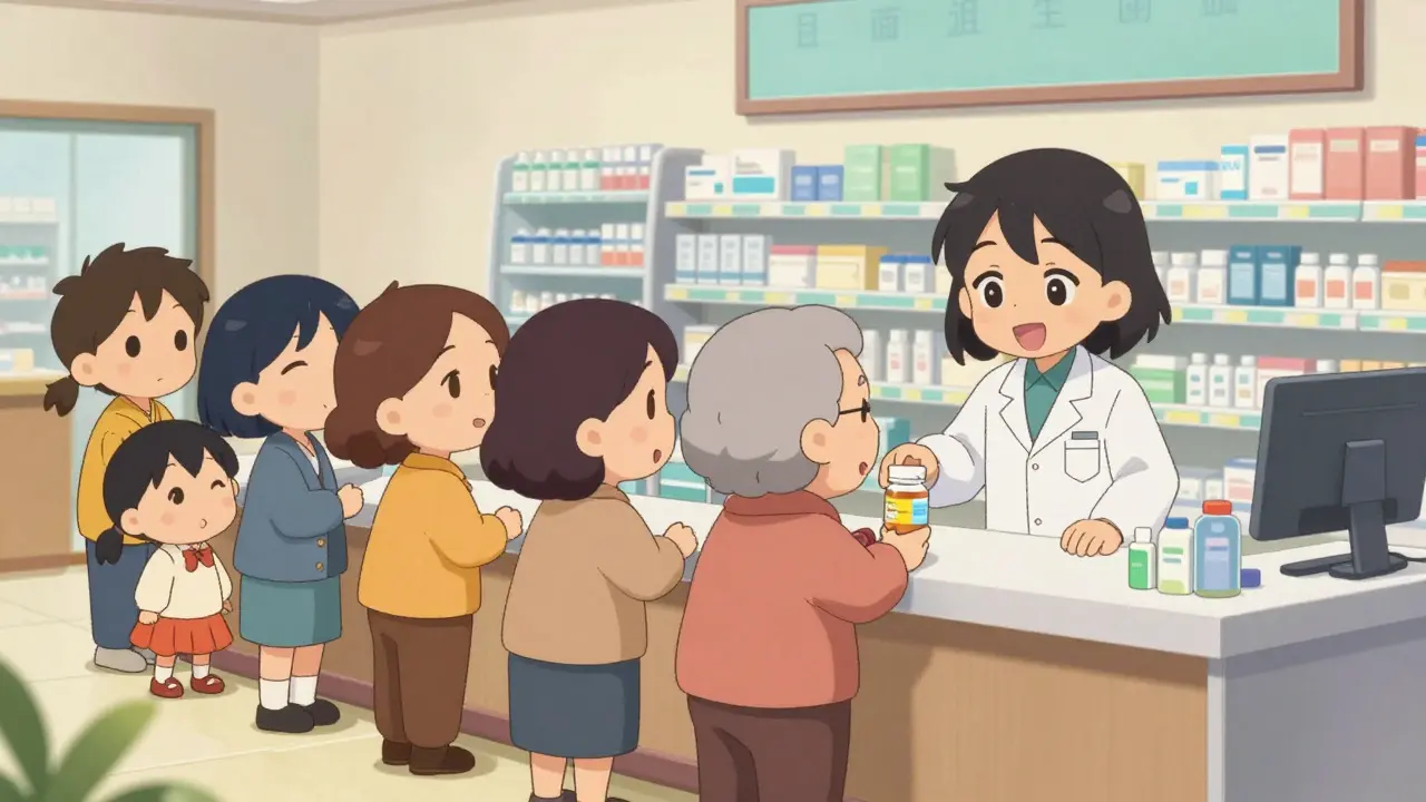A diverse line of chibi people of different ages and sexes at a friendly pharmacy counter.