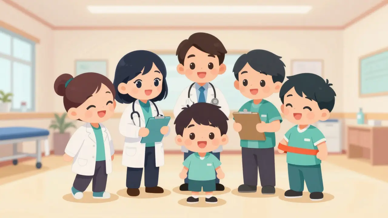 A supportive team of chibi medical specialists surrounding a small patient.