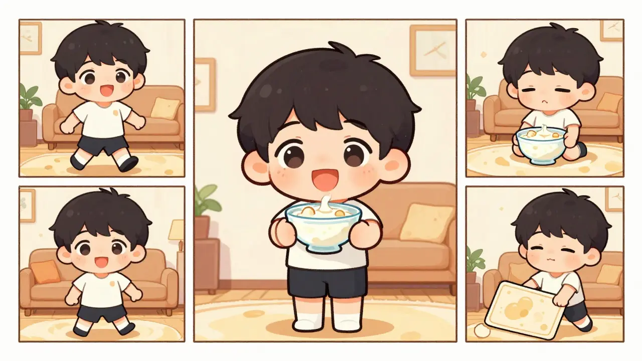 Chibi character exercising and eating healthy to improve bone strength.