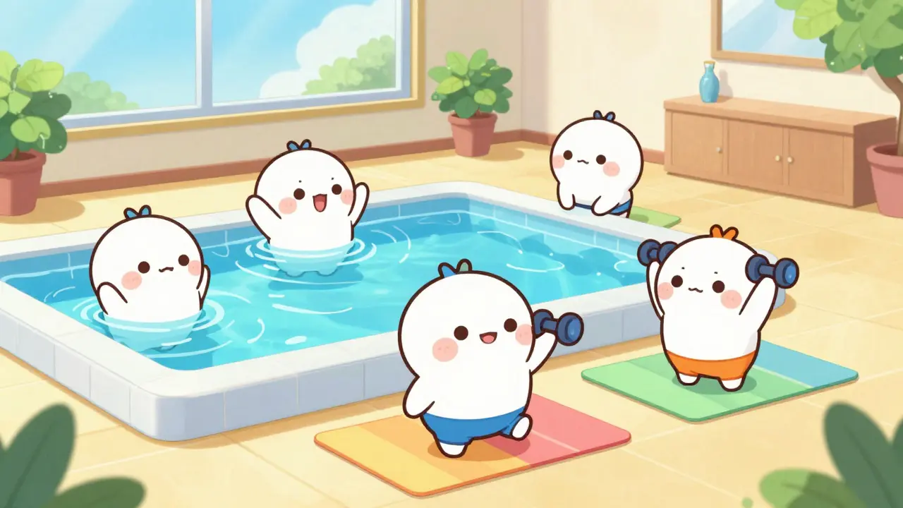 Chibi characters performing yoga, swimming, and strength training for pain relief.