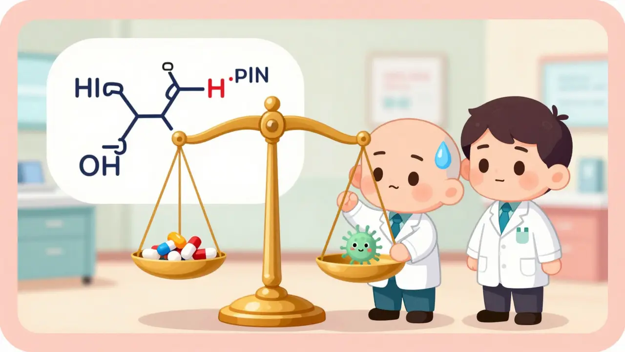 Chibi doctor and pharmacist balancing a scale with medicine and bacteria next to a math formula.