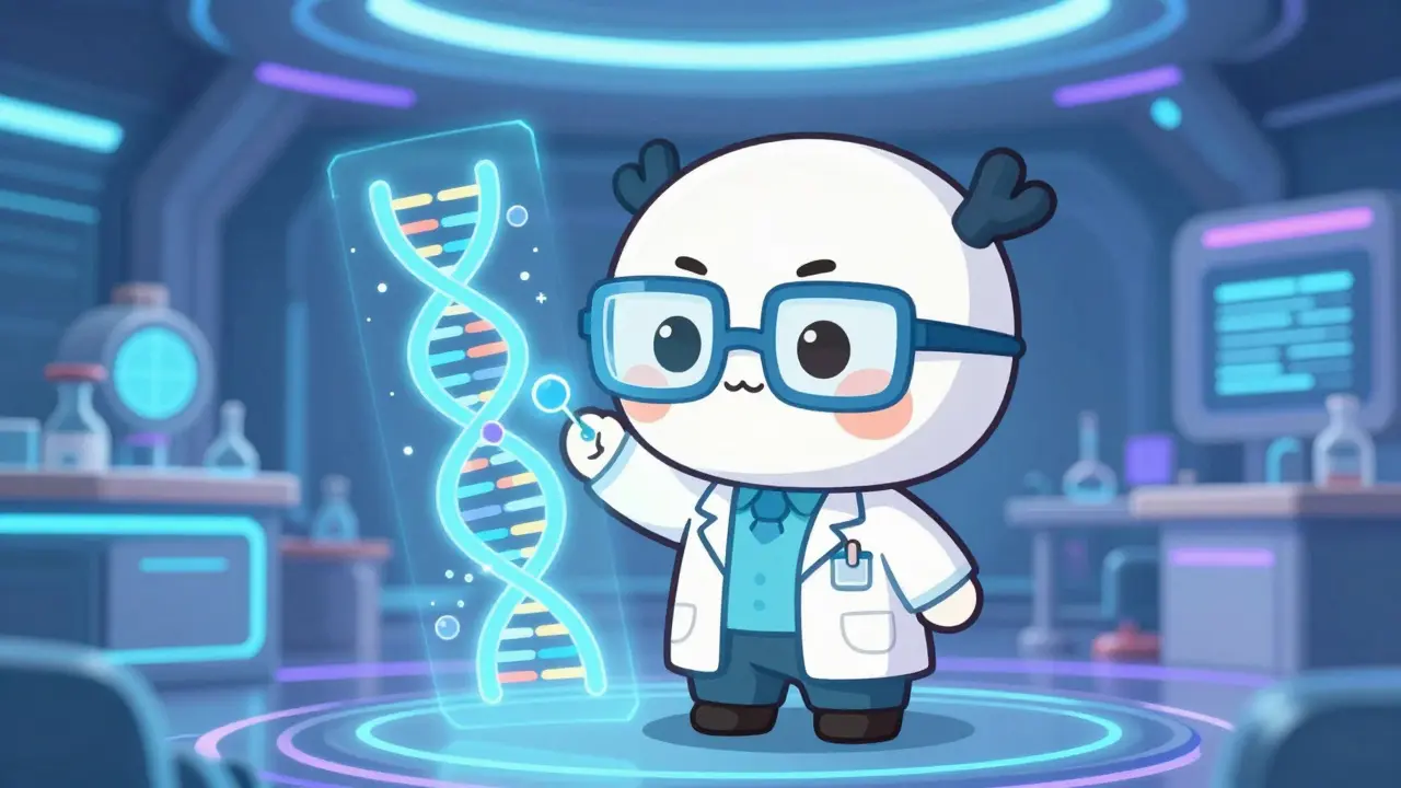 Chibi doctor examining a holographic DNA strand and biosimilar molecules in a futuristic lab.