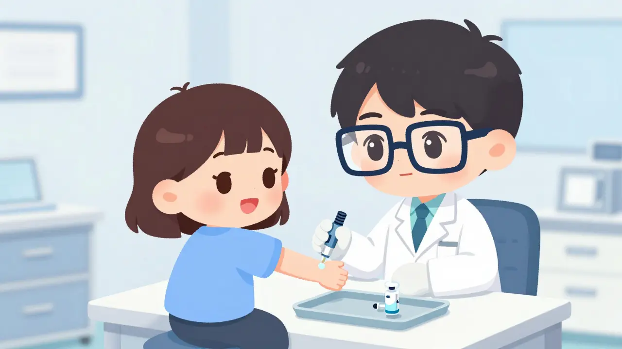 Chibi doctor performing a skin prick test on a cute patient in a medical office.