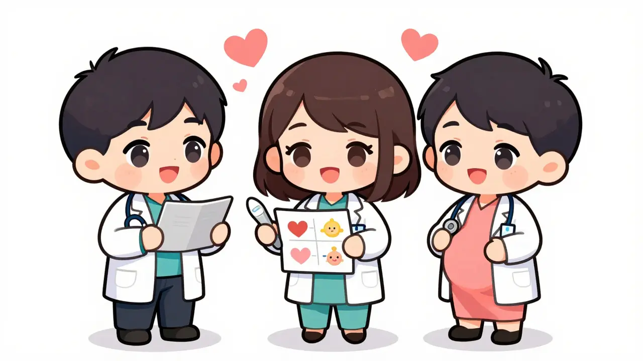 Chibi doctors and a pregnant woman discussing a healthcare plan together.